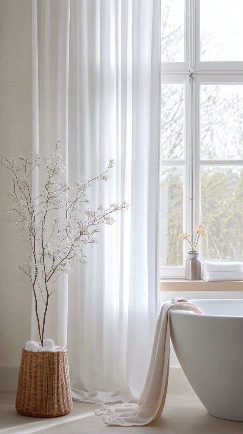 Small bathroom with window curtains