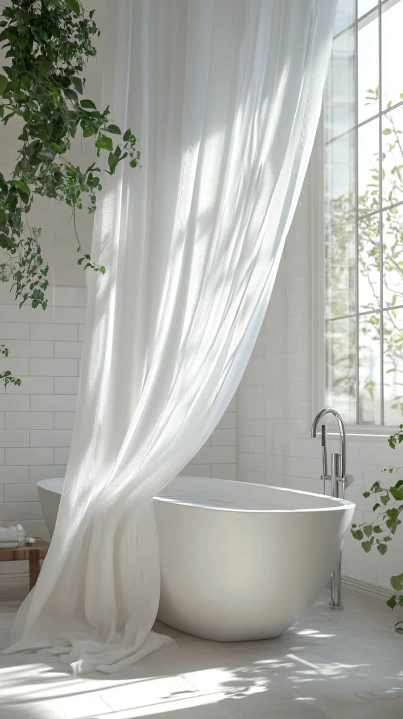 Bathroom with curtains over tub