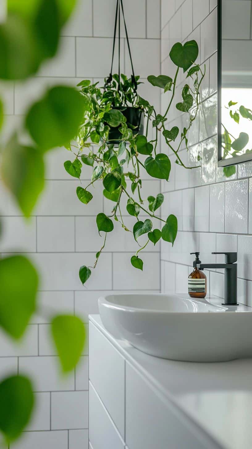 Bathroom with hanging plants
