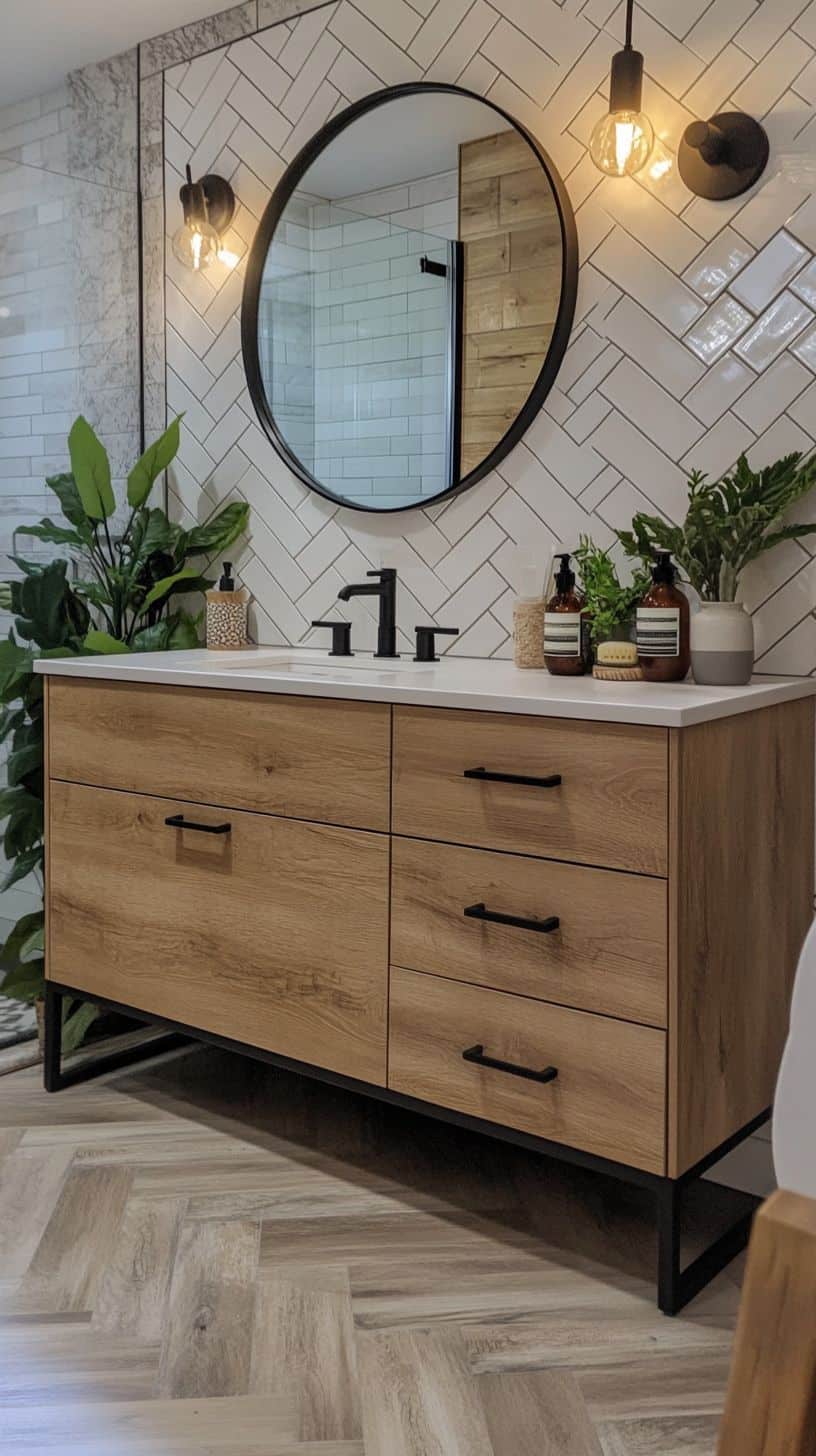Bathroom with herringbone tile floor