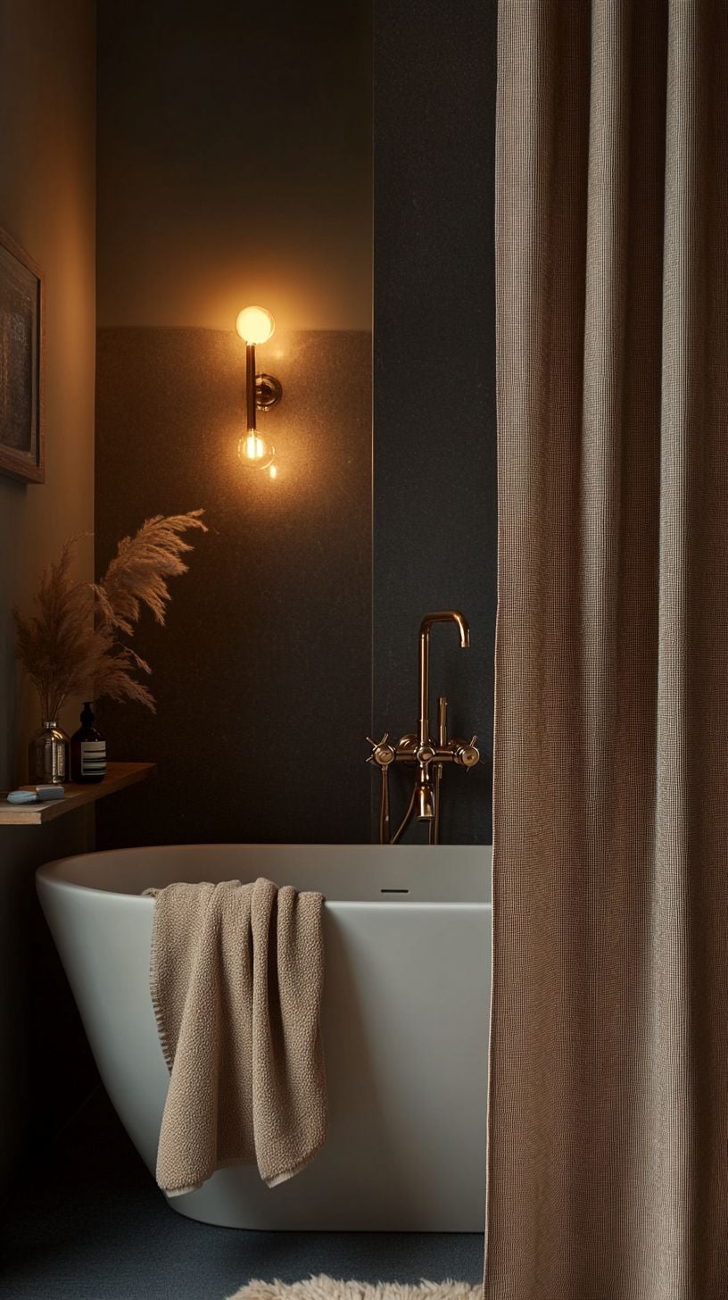 Moody bathroom with shower curtain