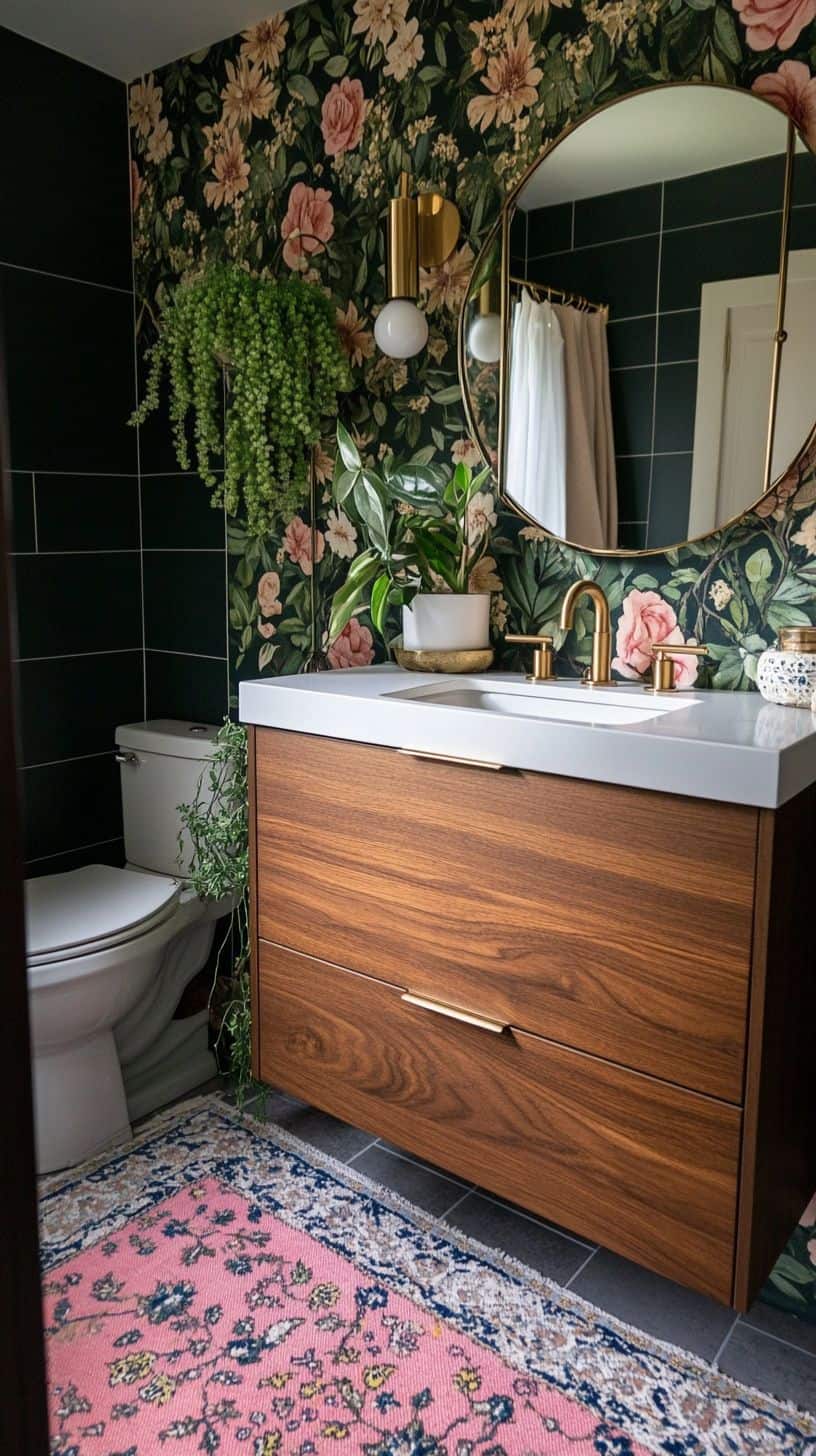 Small bohemian bathroom with wallpaper