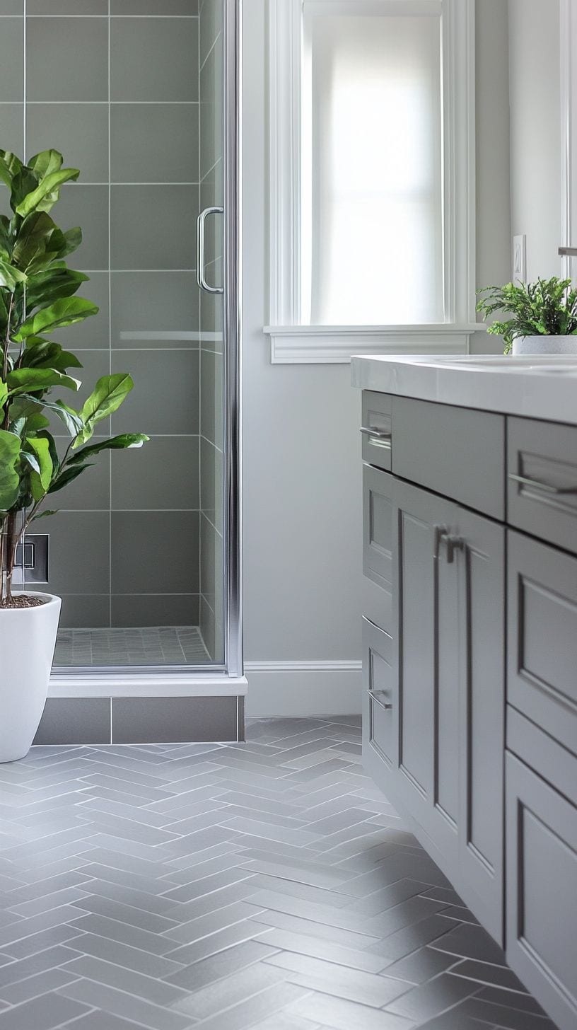 Bathroom with grey herringbone tile