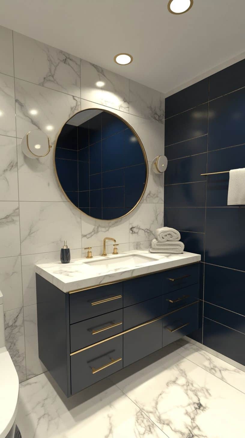 Bathroom with half tiled walls and marble