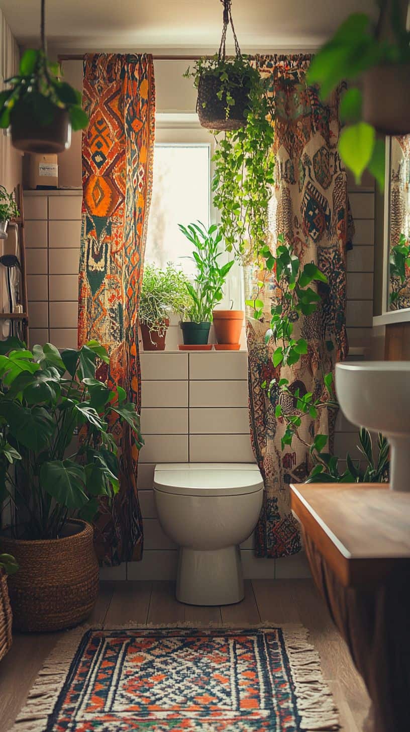 Boho bathroom with shower curtains