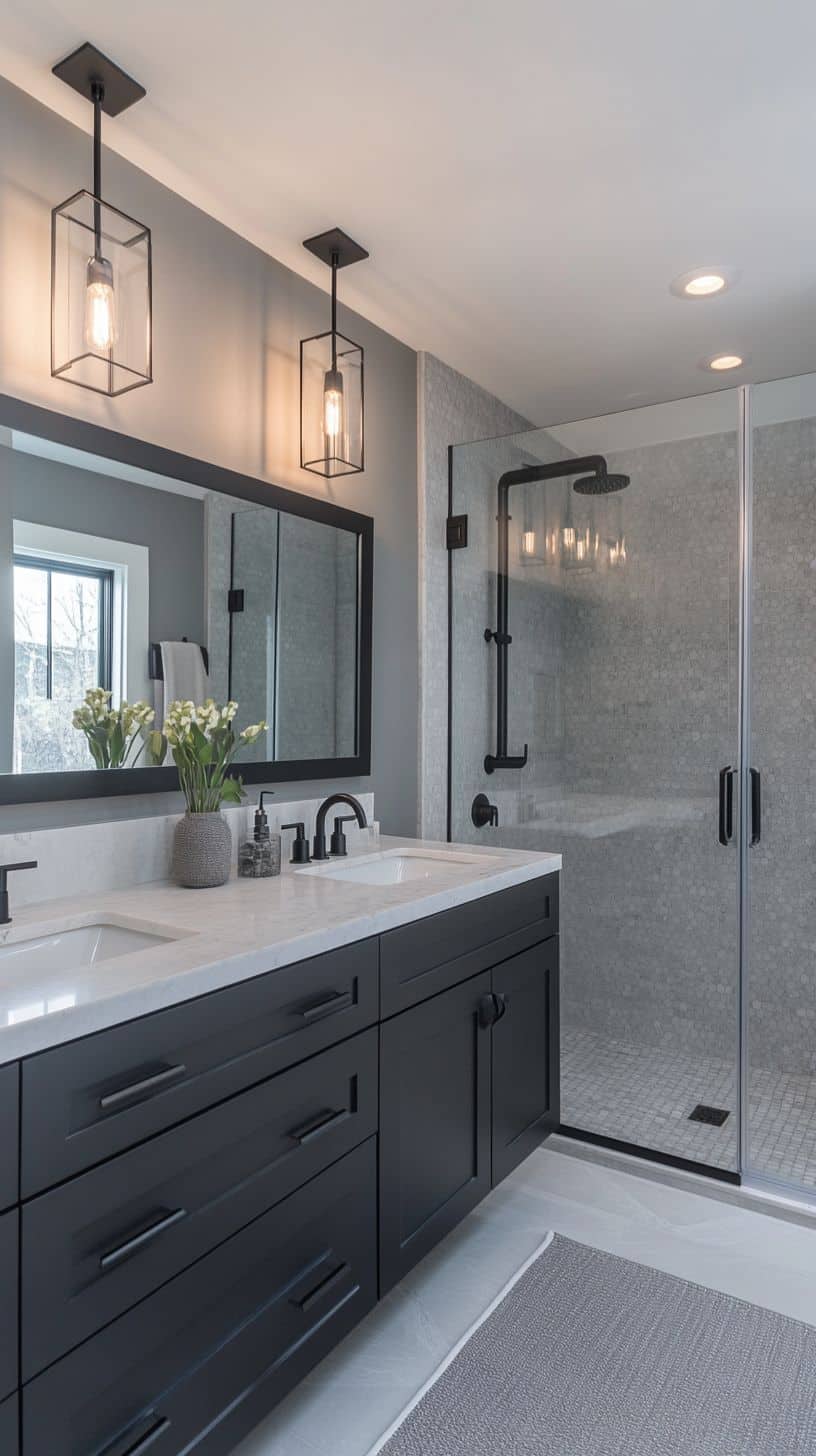 Dark gray and white bathroom