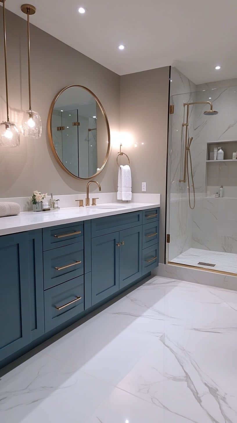 Bathroom with blue cabinets