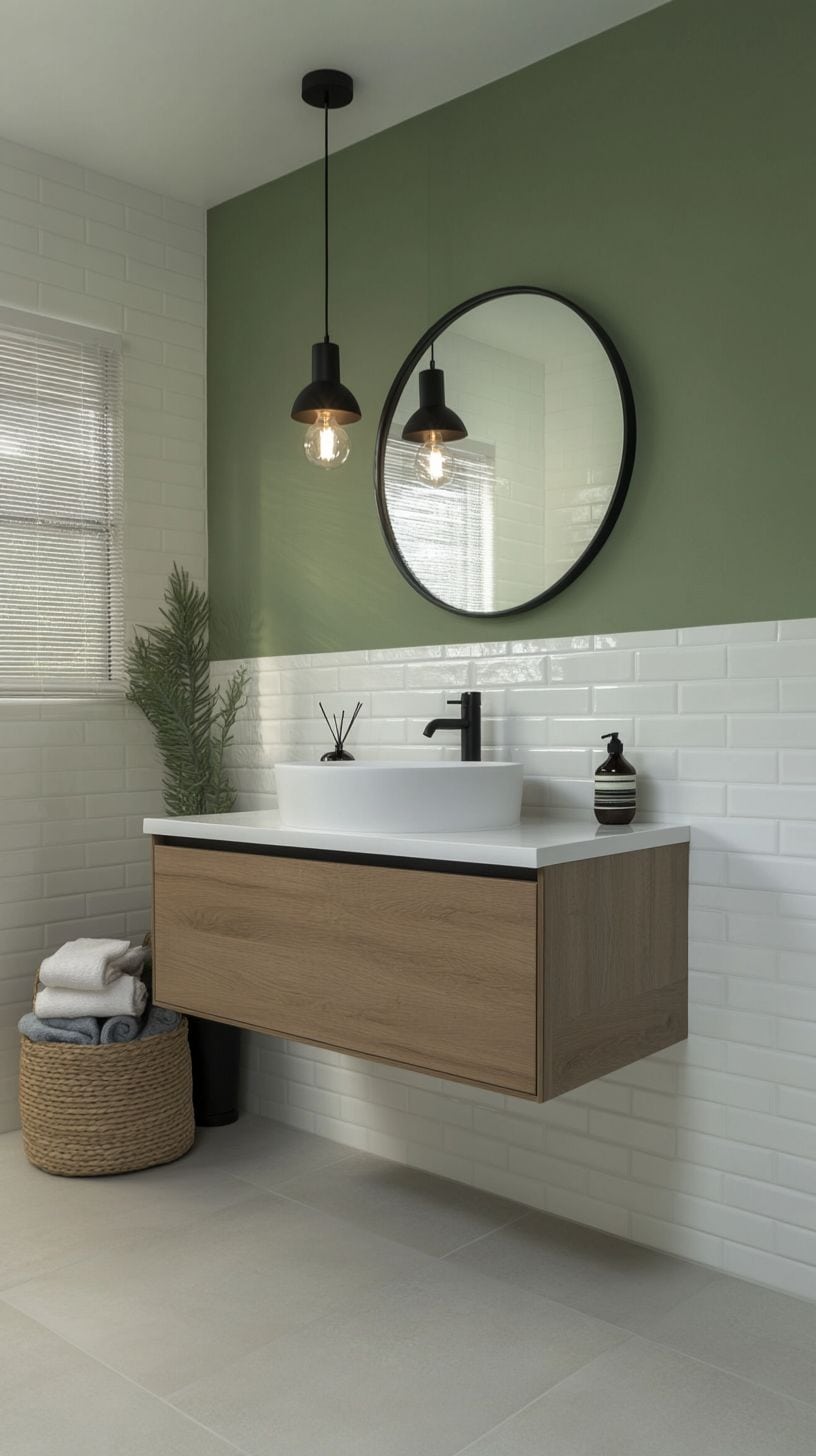 Bathroom with half white tiled walls
