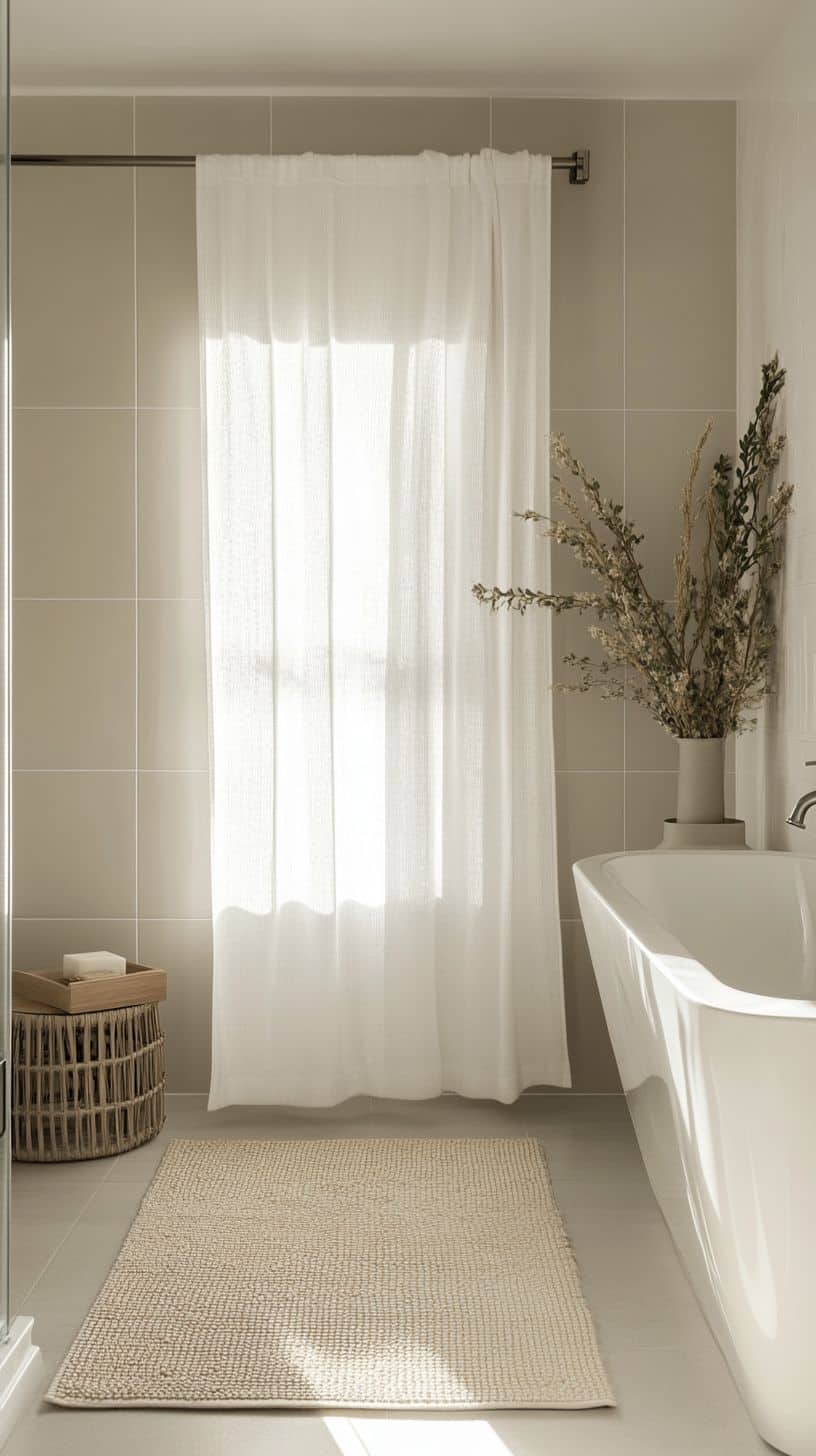 Bathroom with white shower curtain