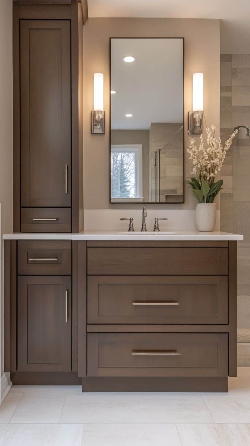 Bathroom with built in cabinet wall storage