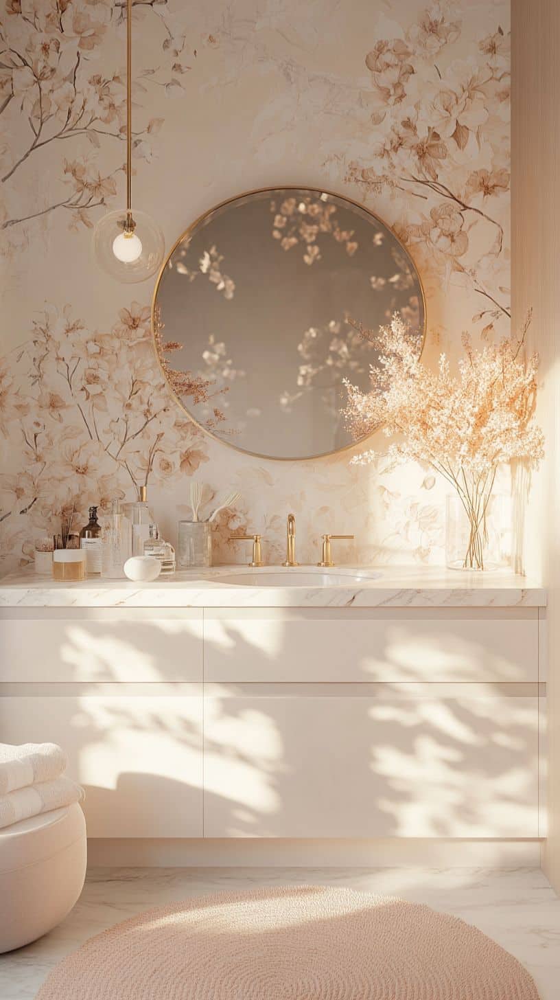 Girly bathroom with wallpaper