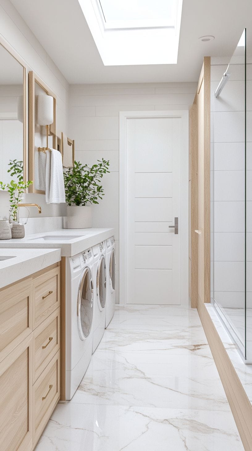 Long narrow bathroom with laundry