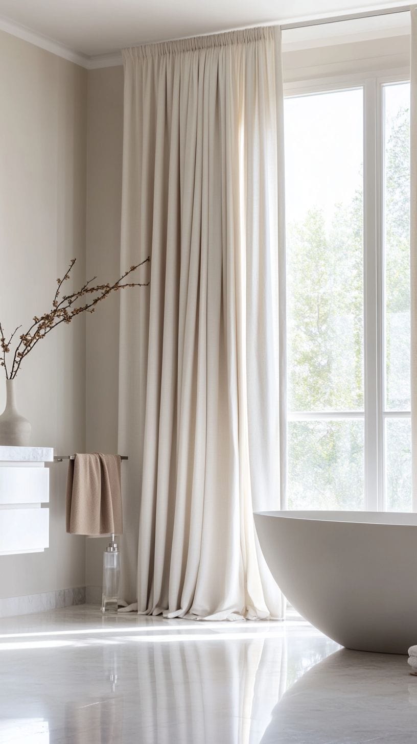 Bathroom with tall curtains