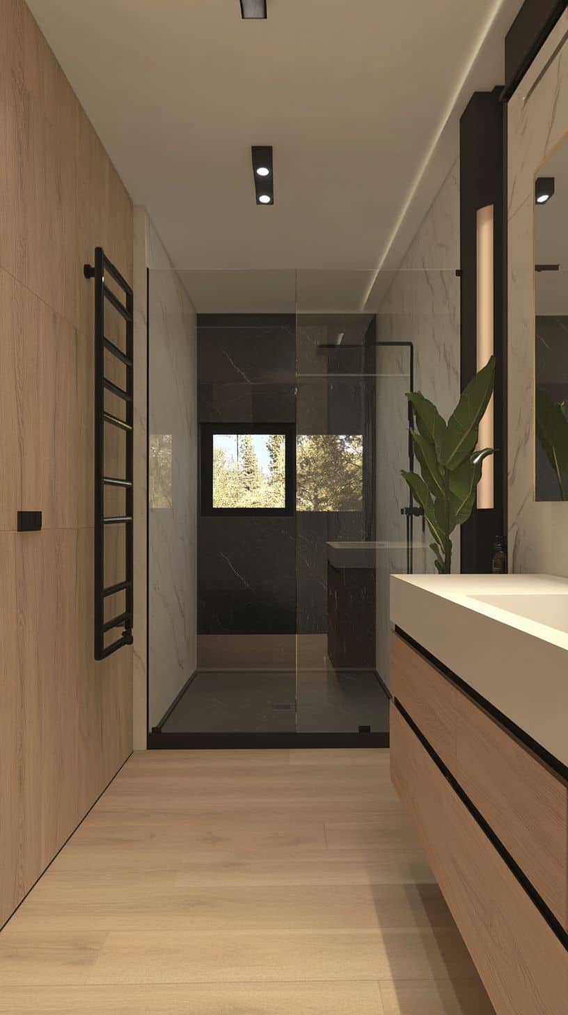 Long narrow primary bathroom