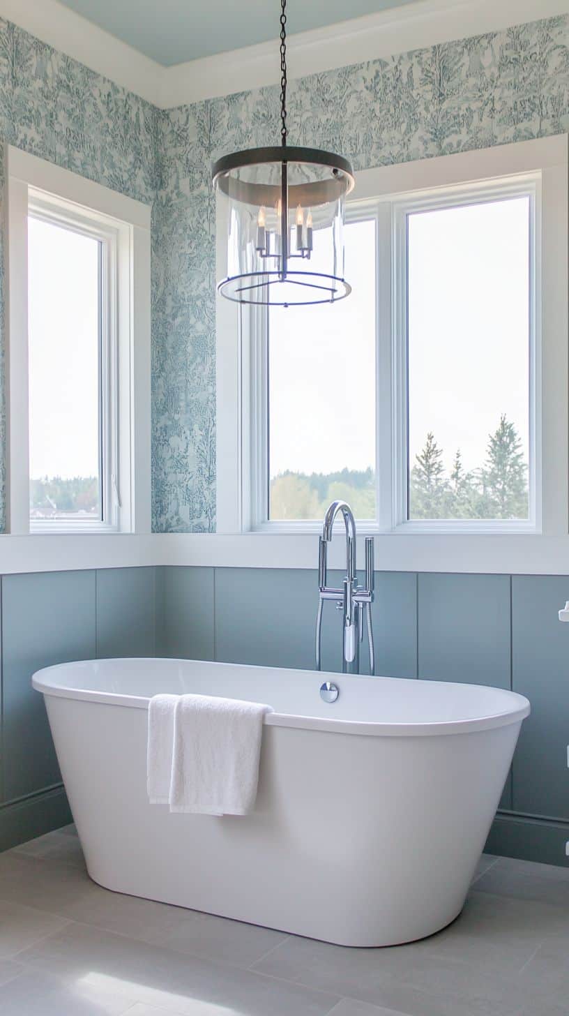 Bathroom with half tiled and half wallpaper