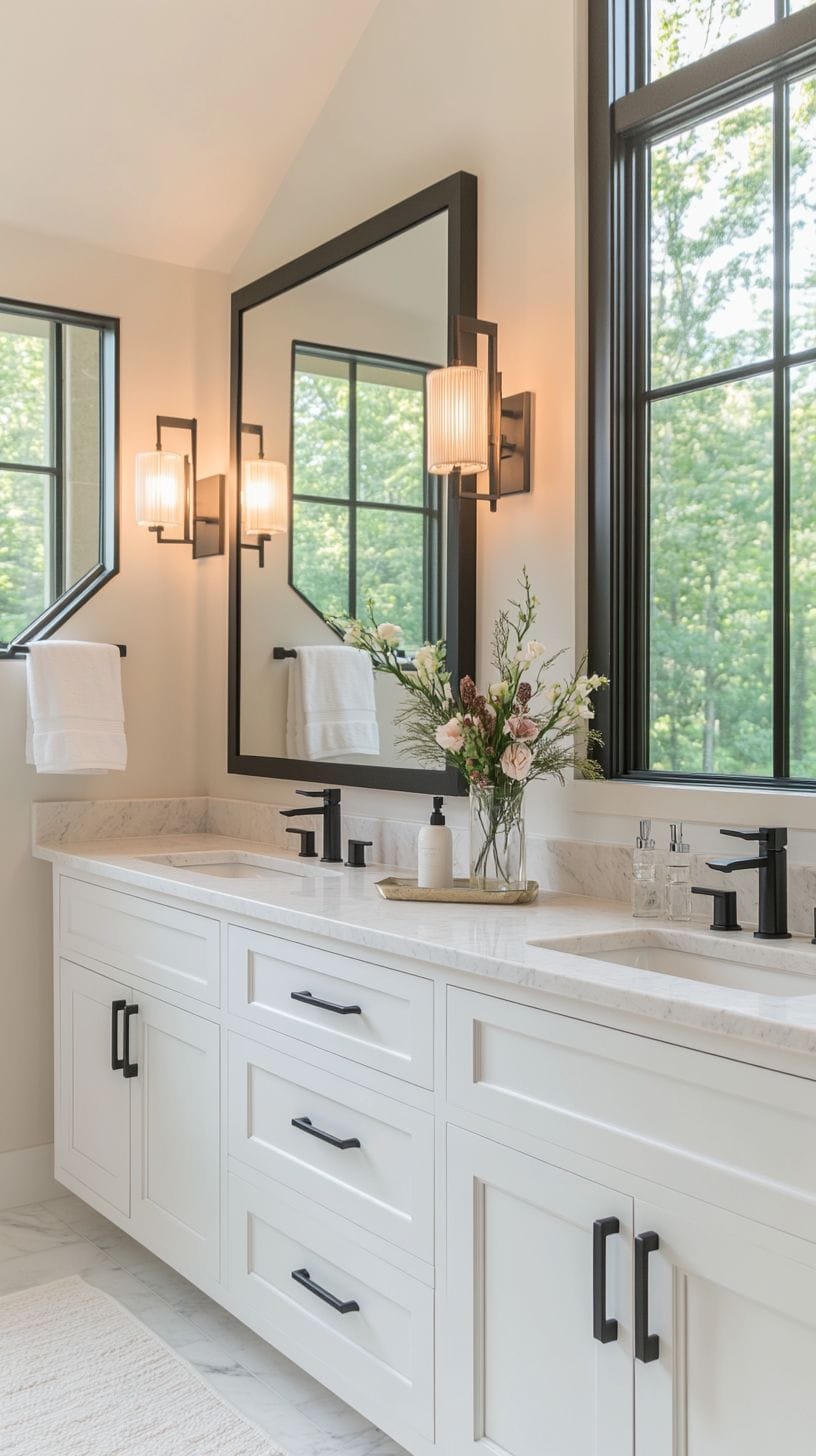 Bathroom with mirrors and double sinks lights