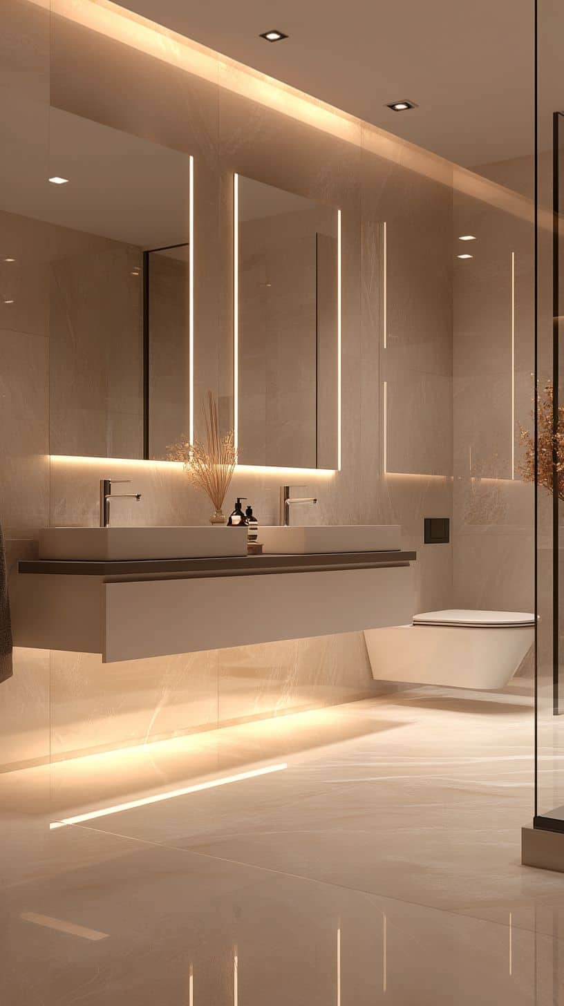 Bathroom with modern floating double sink vanity
