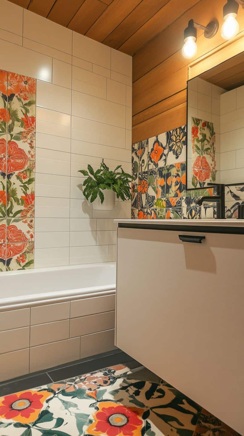 Bathroom with painted tiles
