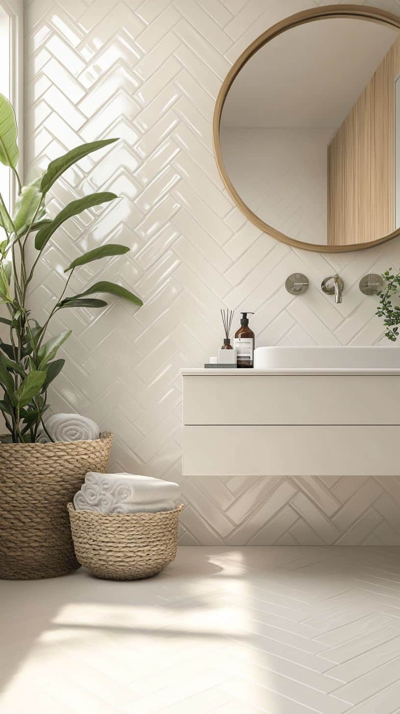Bathroom with white herringbone tile floor