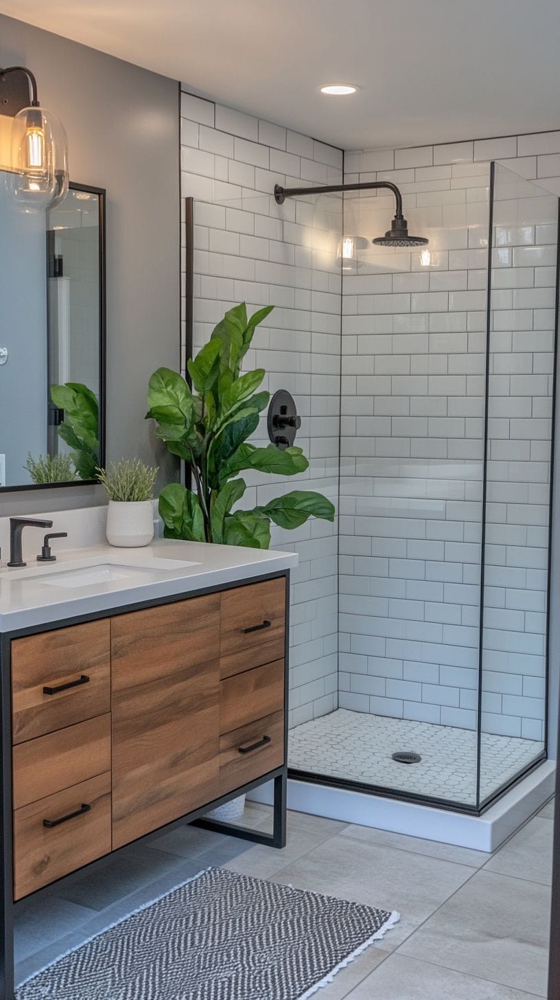 Bathroom with white tile and gray grout