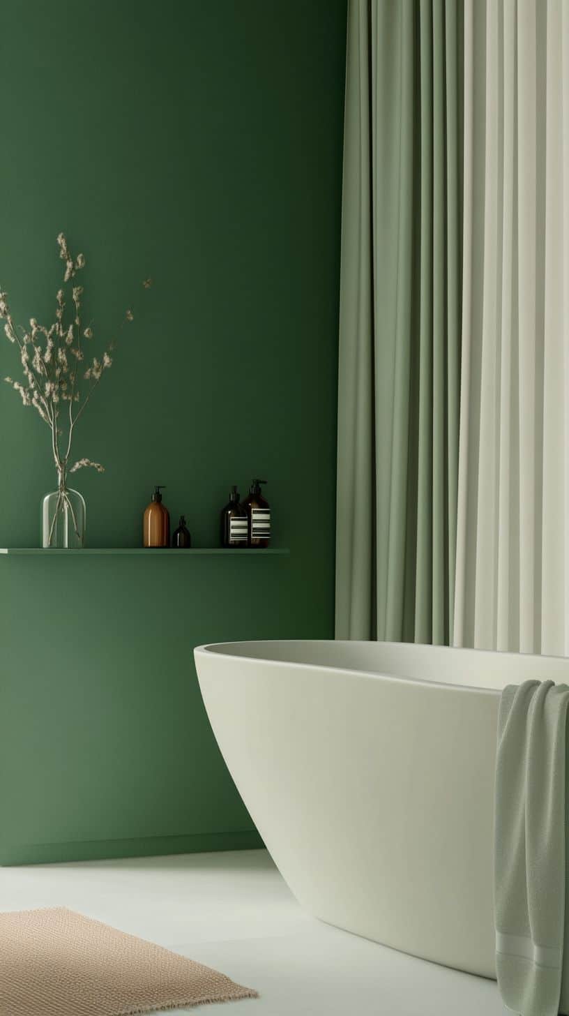 Green bathroom with shower curtain