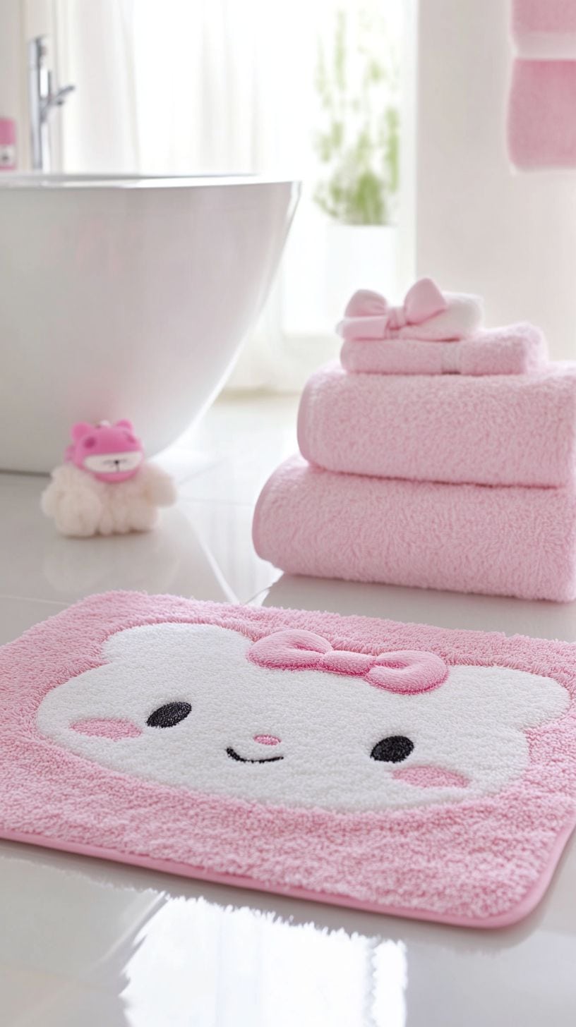 Hello kitty bathroom with towels and mats