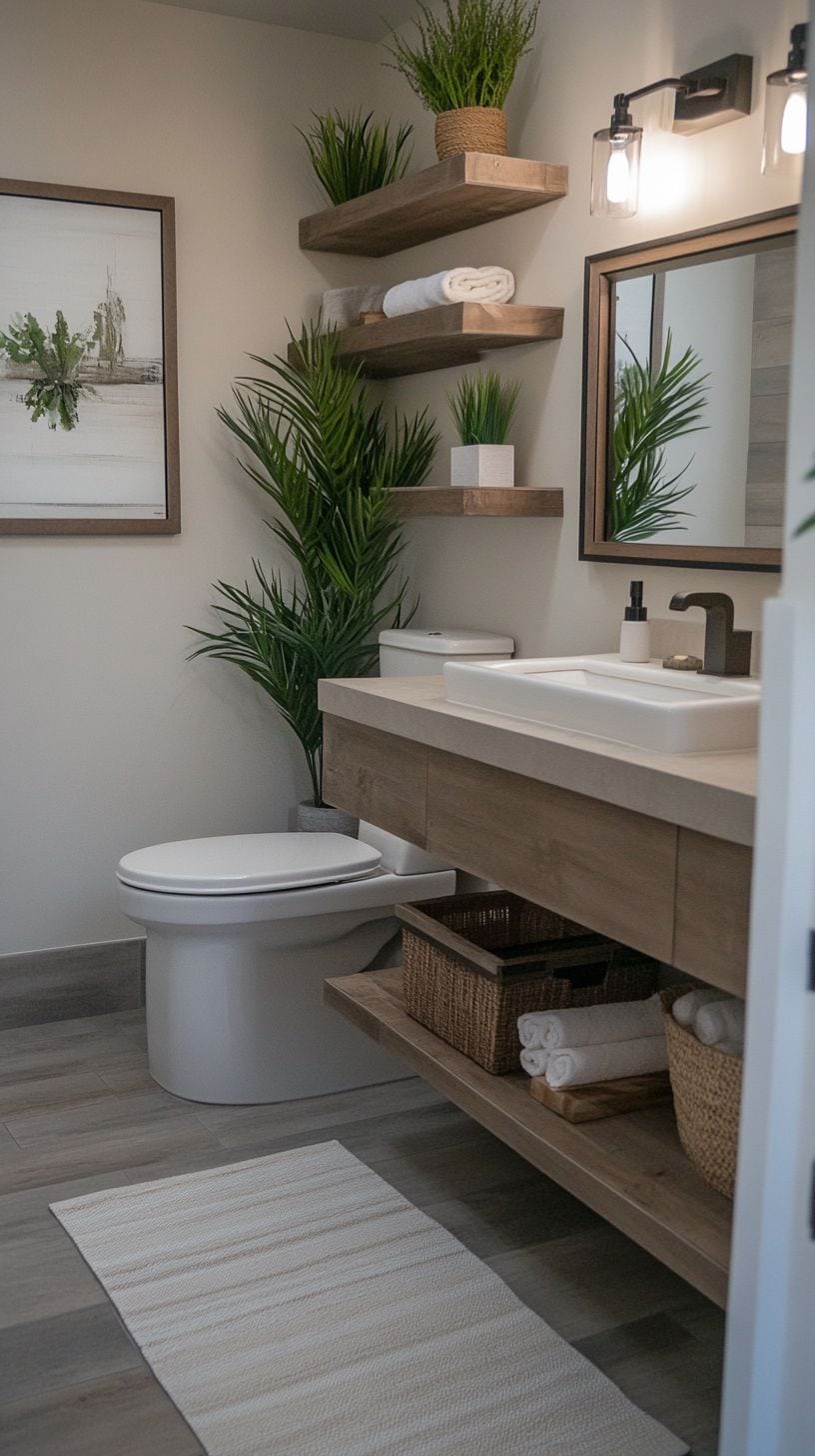 Neutral bathroom with wood accents