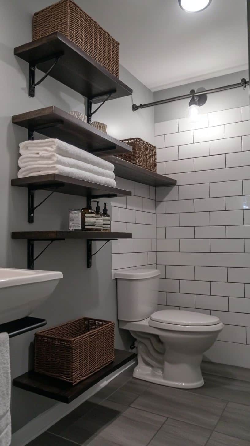 Renter friendly bathroom with shelves