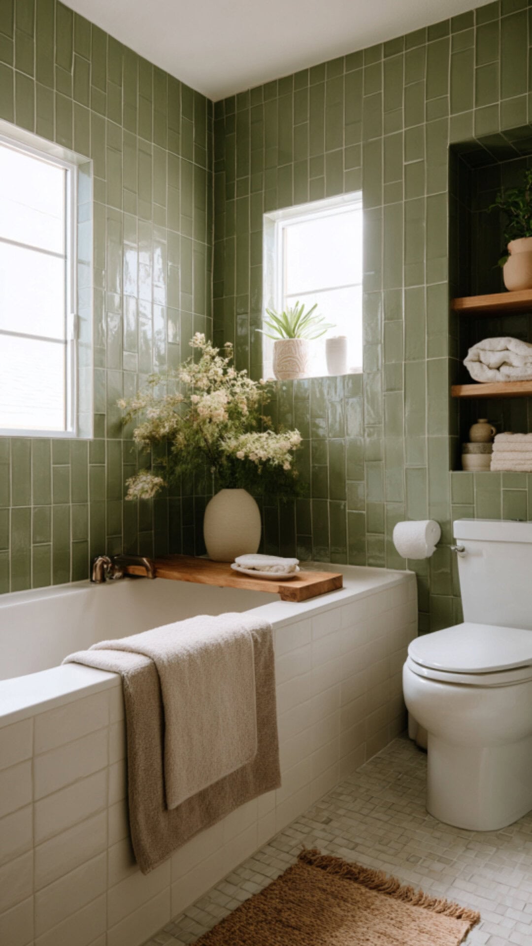 Green Bathroom with a Relaxing Bathtub Setup