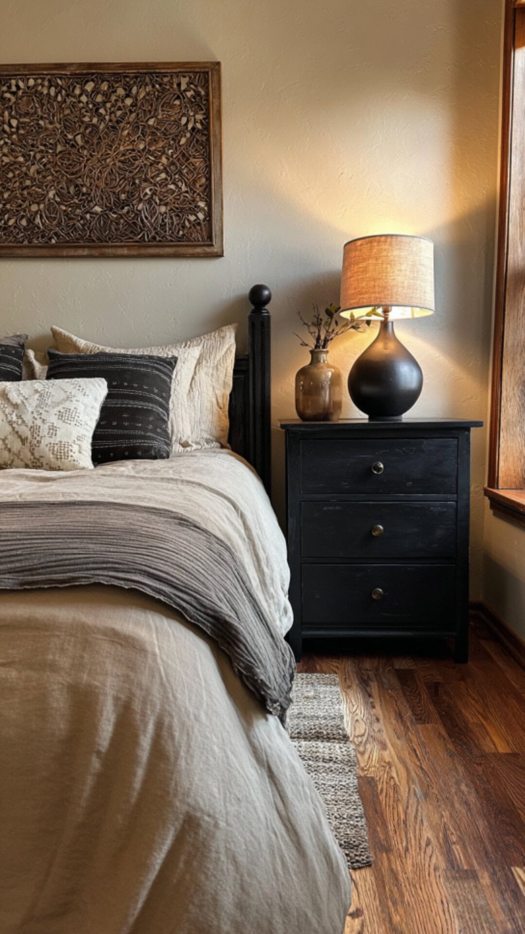 Earthy Bedroom with Black Furniture Accents