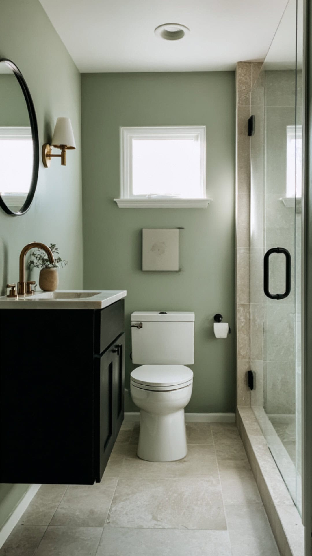 Green Bathroom with a Black Vanity Centerpiece