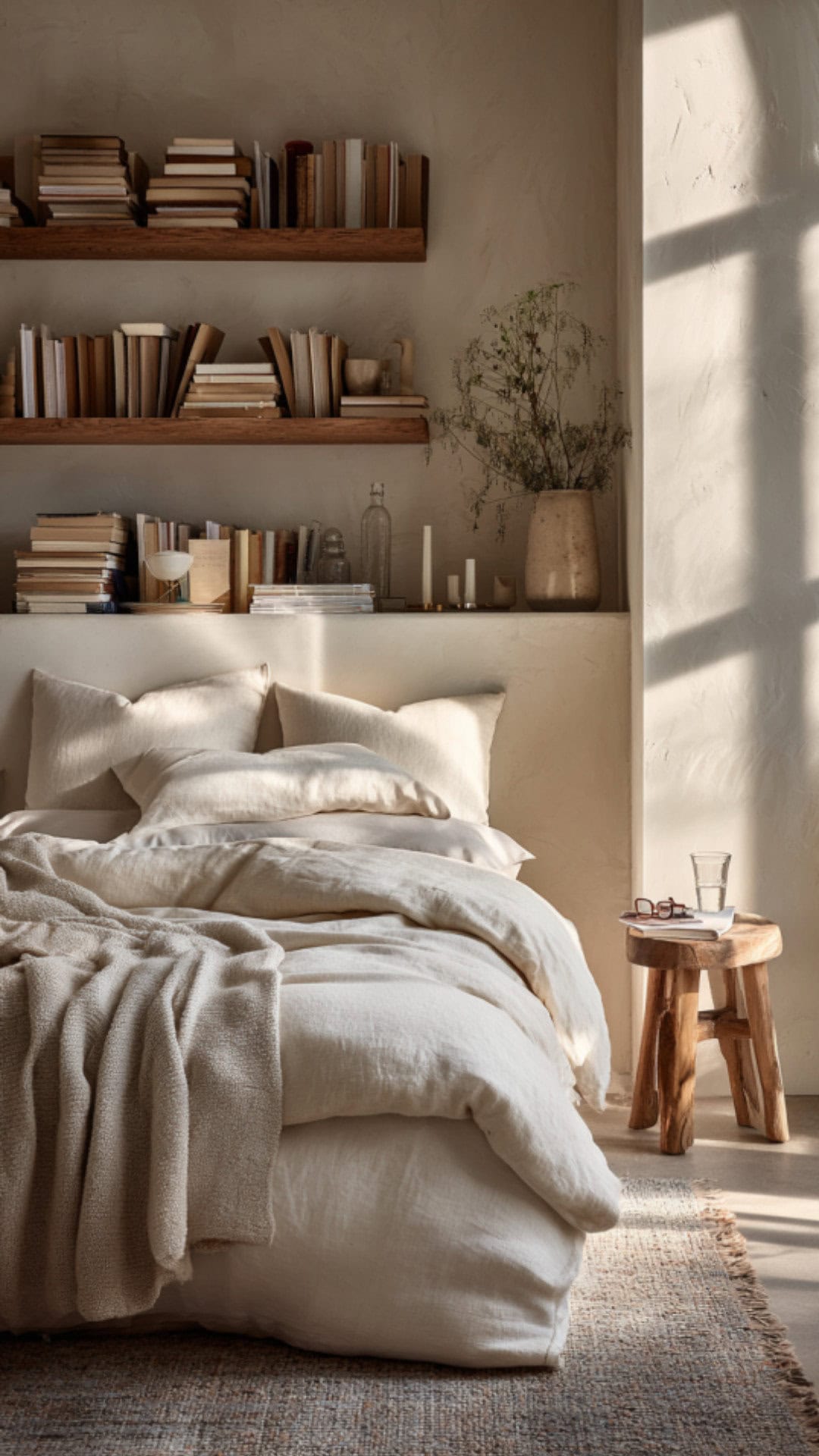 cozy bedroom with bookshelves