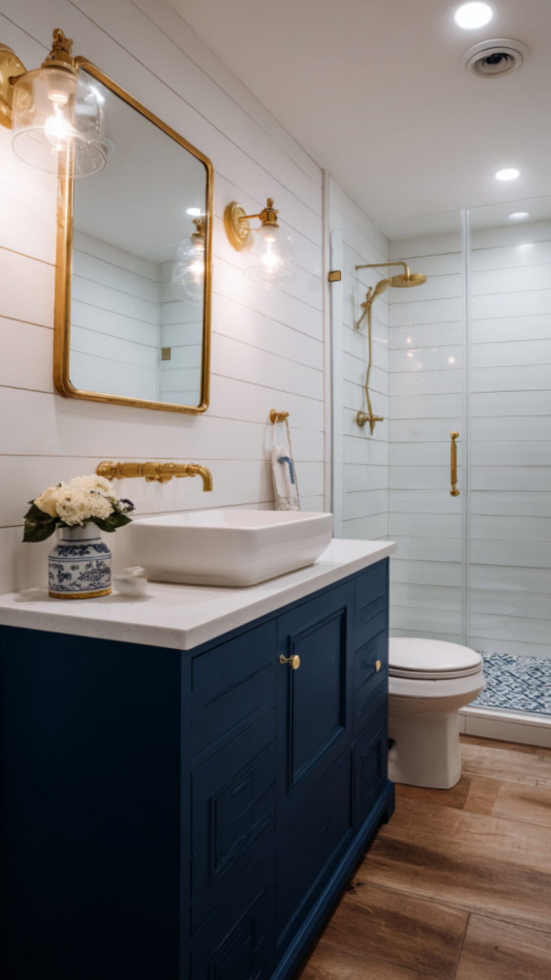 Navy and White Bathroom with Nautical Flair