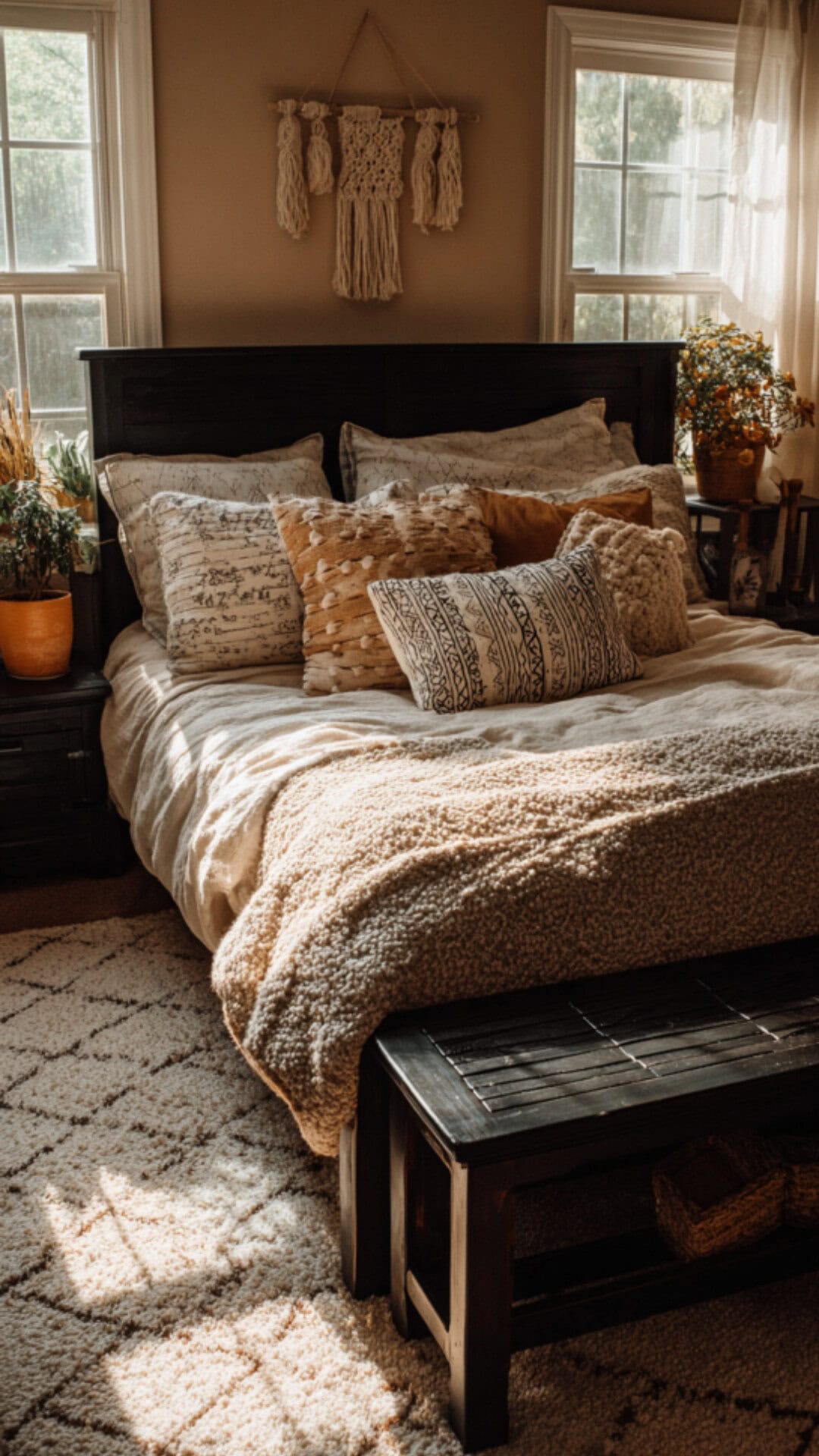 boho bedroom with black furniture