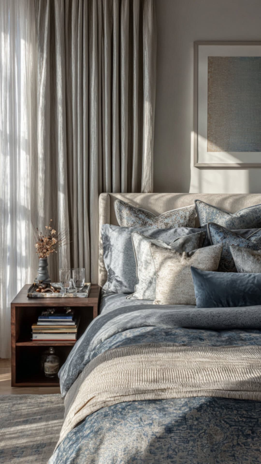 modern luxury bedroom with blue and cream color scheme