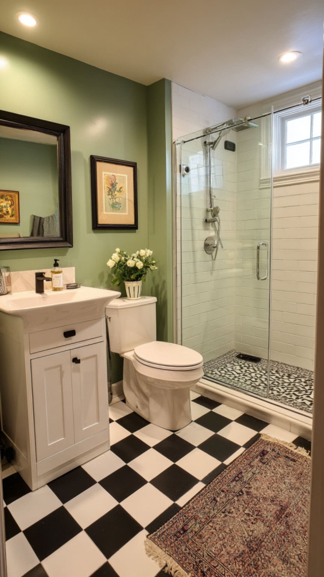 Green Bathroom with Black and White Floor Tiles