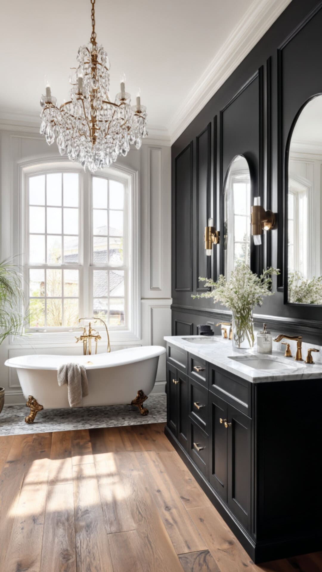 Black Bathroom with Statement Chandelier