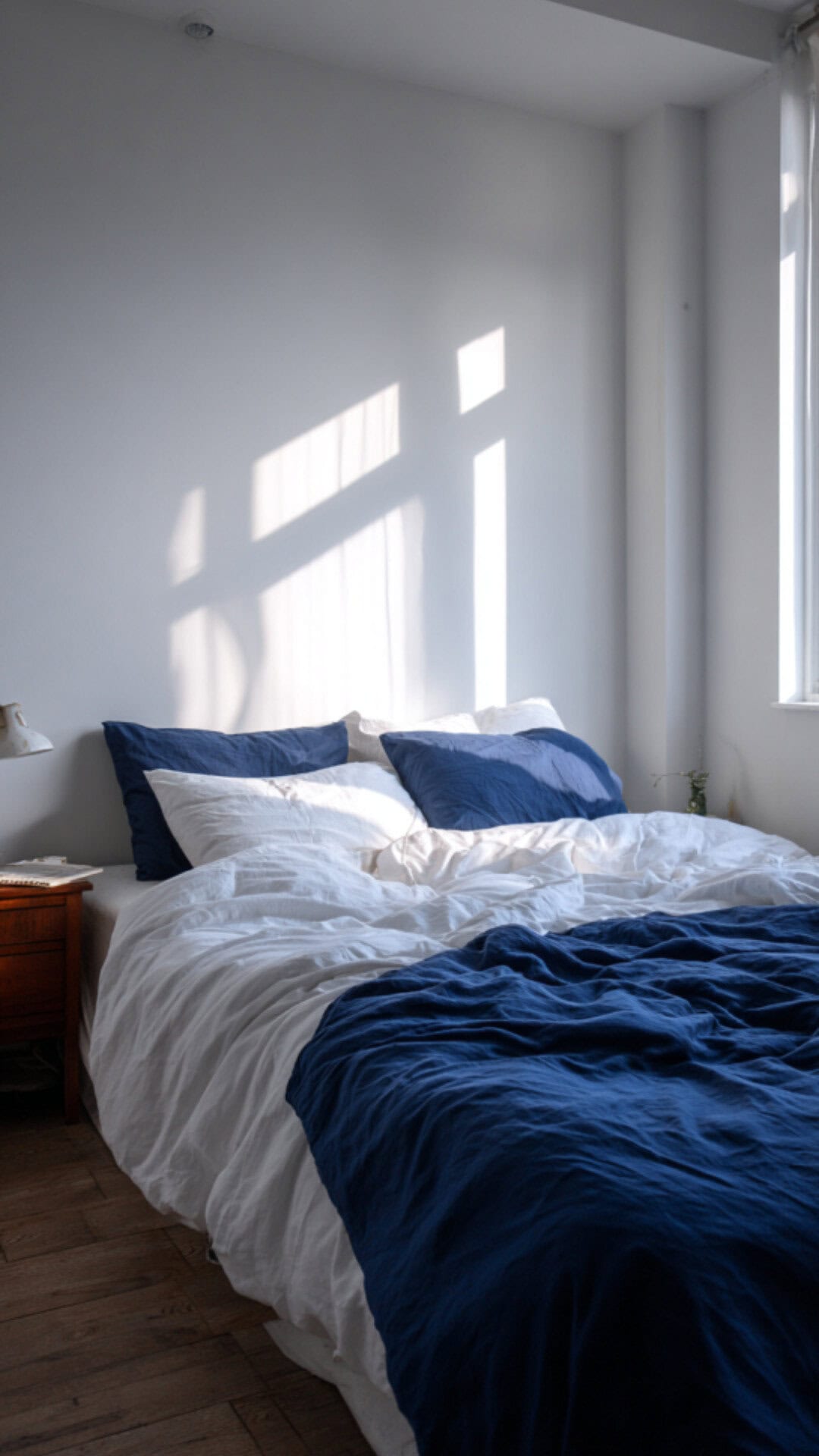 minimalist bedroom in blue and white