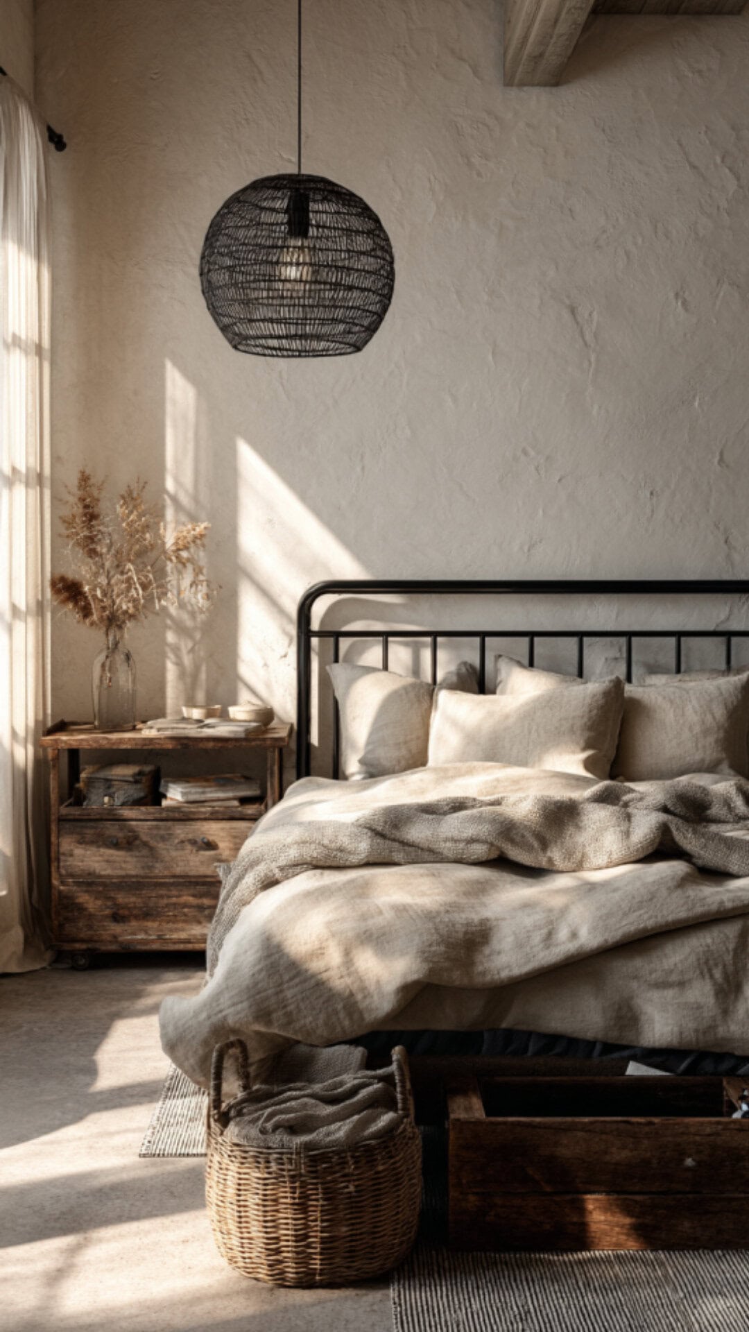 boho bedroom with a black bedframe
