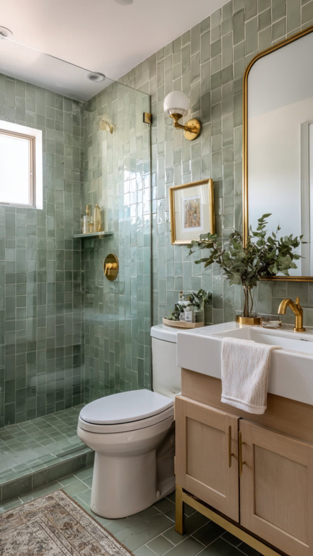 Green Bathroom with Classic Brass Fixtures