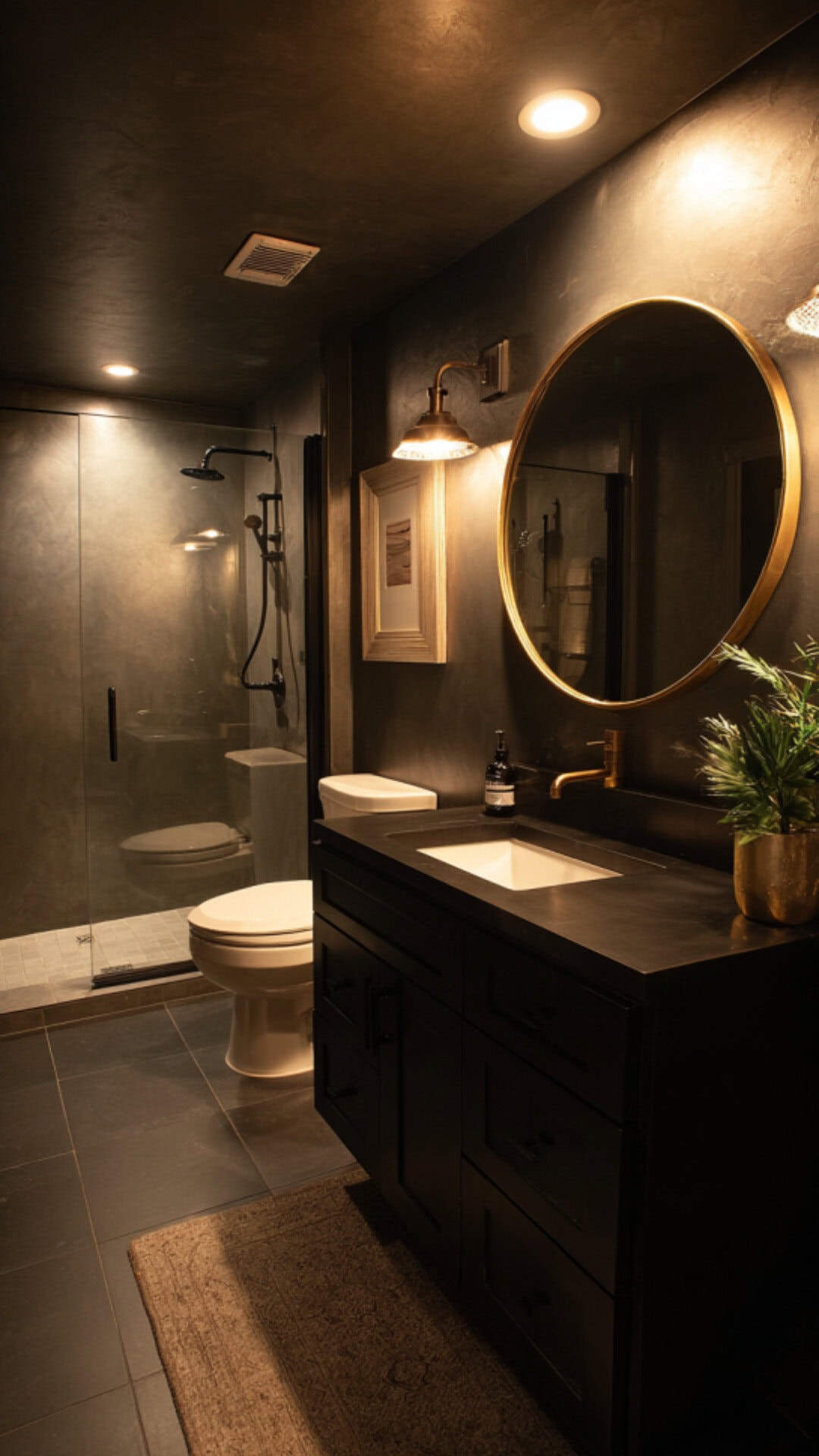 Black Bathroom Featuring Warm Gold Accents