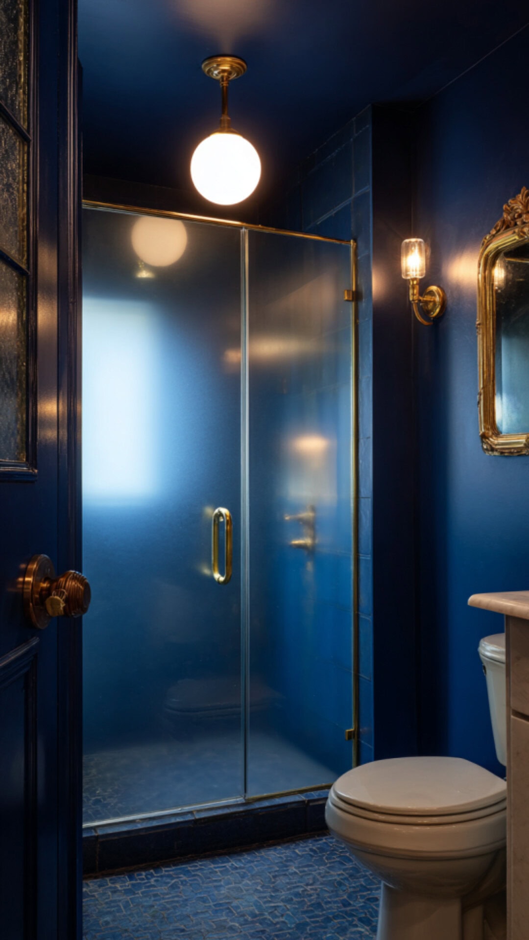 Blue Bathroom With Gold Fixtures