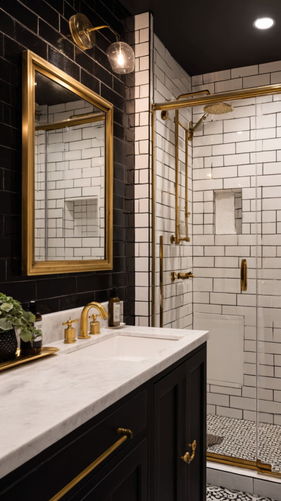 Bathroom With Gold Accents Against Black and White Backdrop