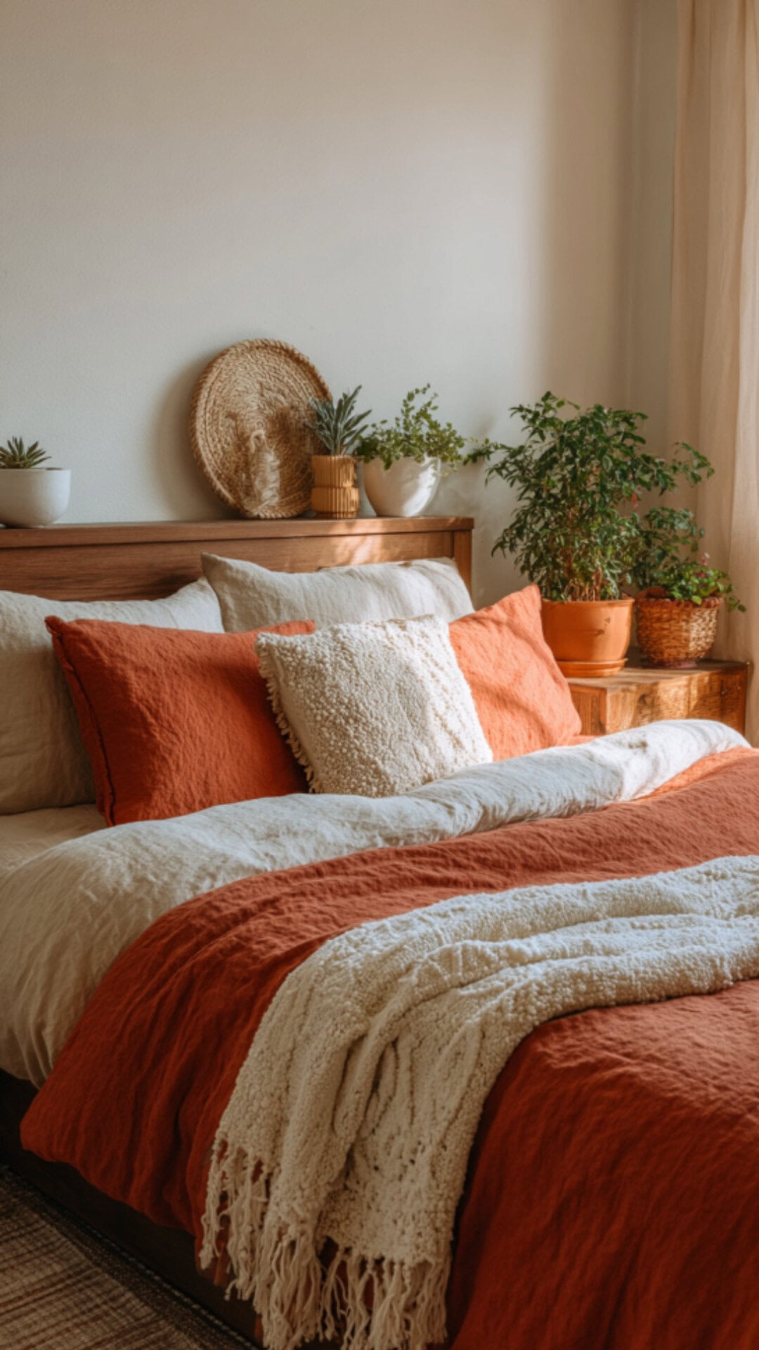 boho bedroom in burnt orange tones