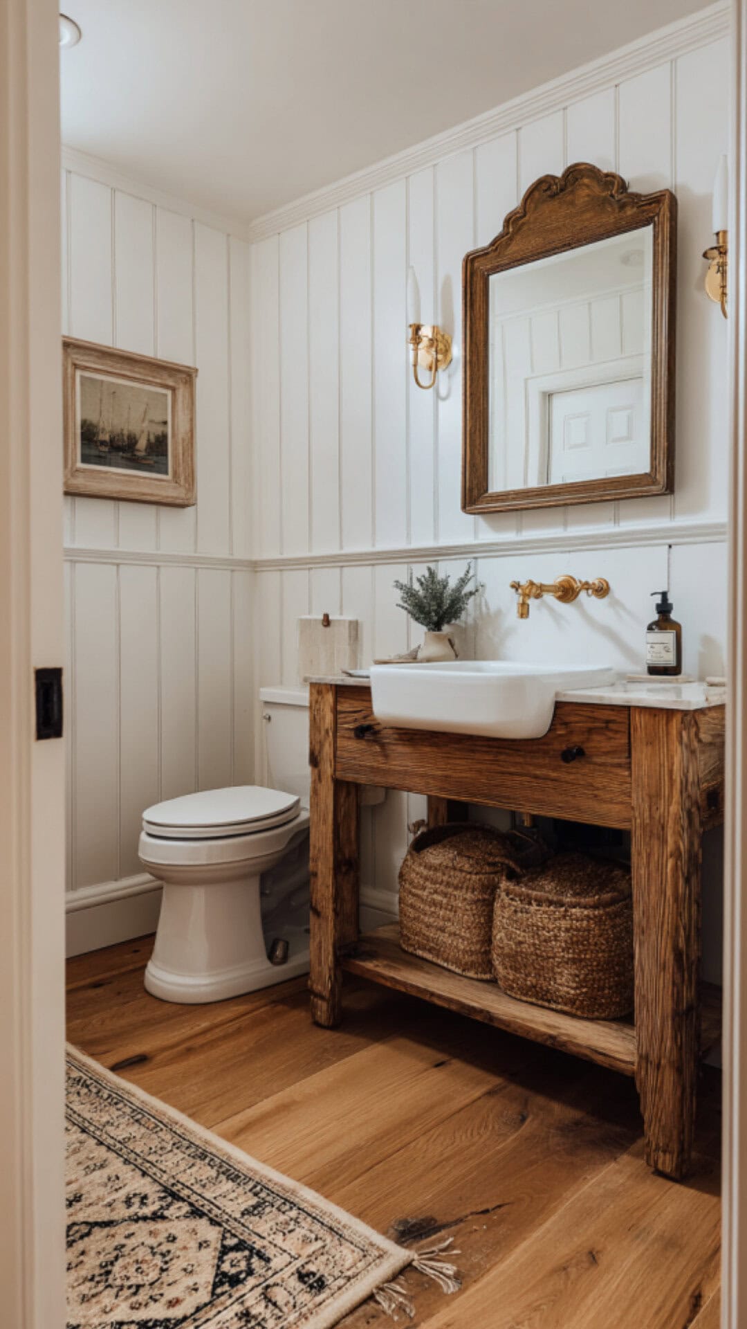 Farmhouse Half Bathroom with Rustic Touches