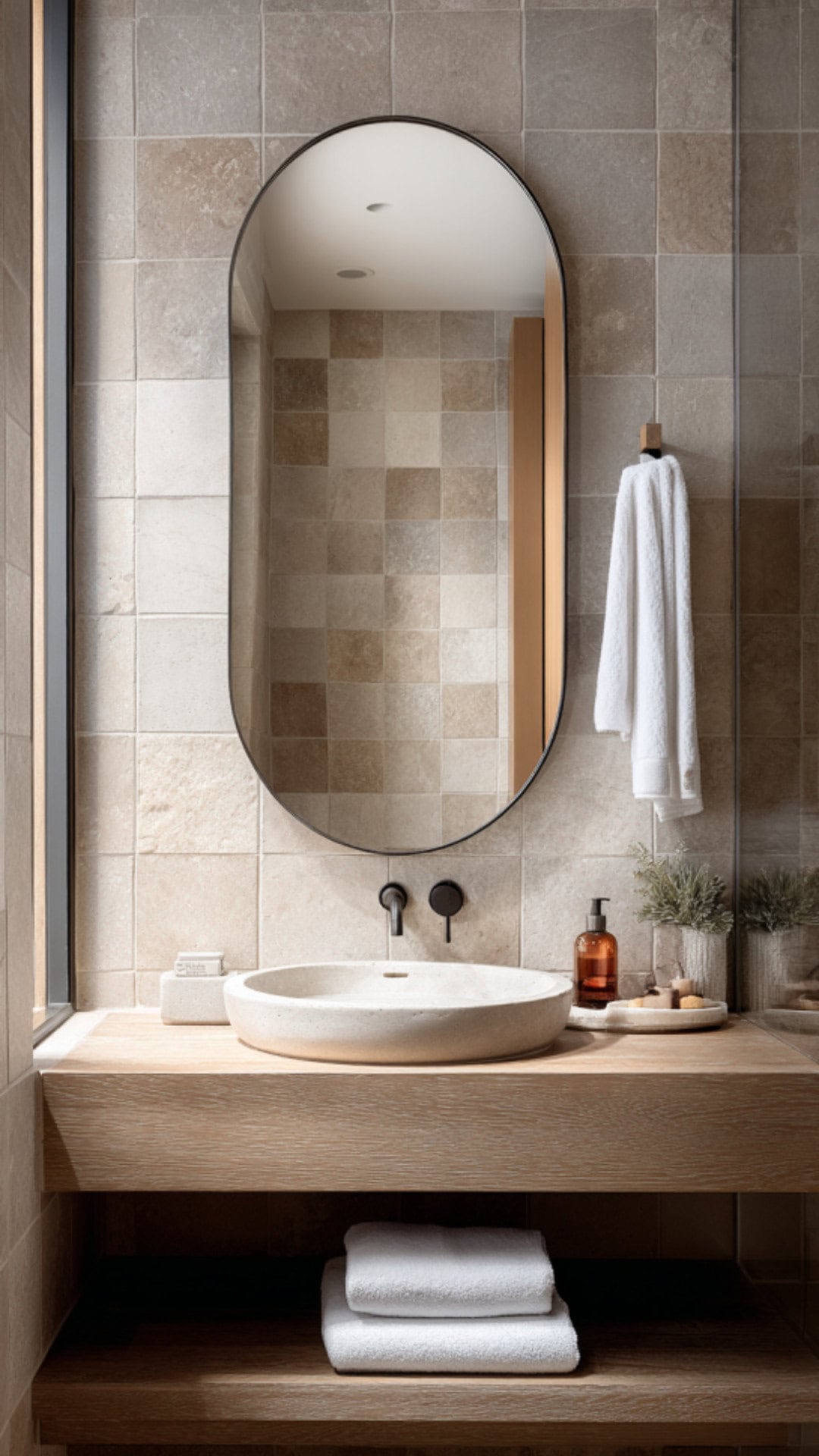 Oval Mirror in a Minimalist Bathroom Design