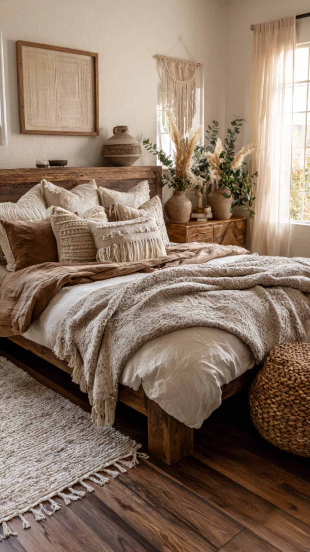 boho bedroom in brown tones