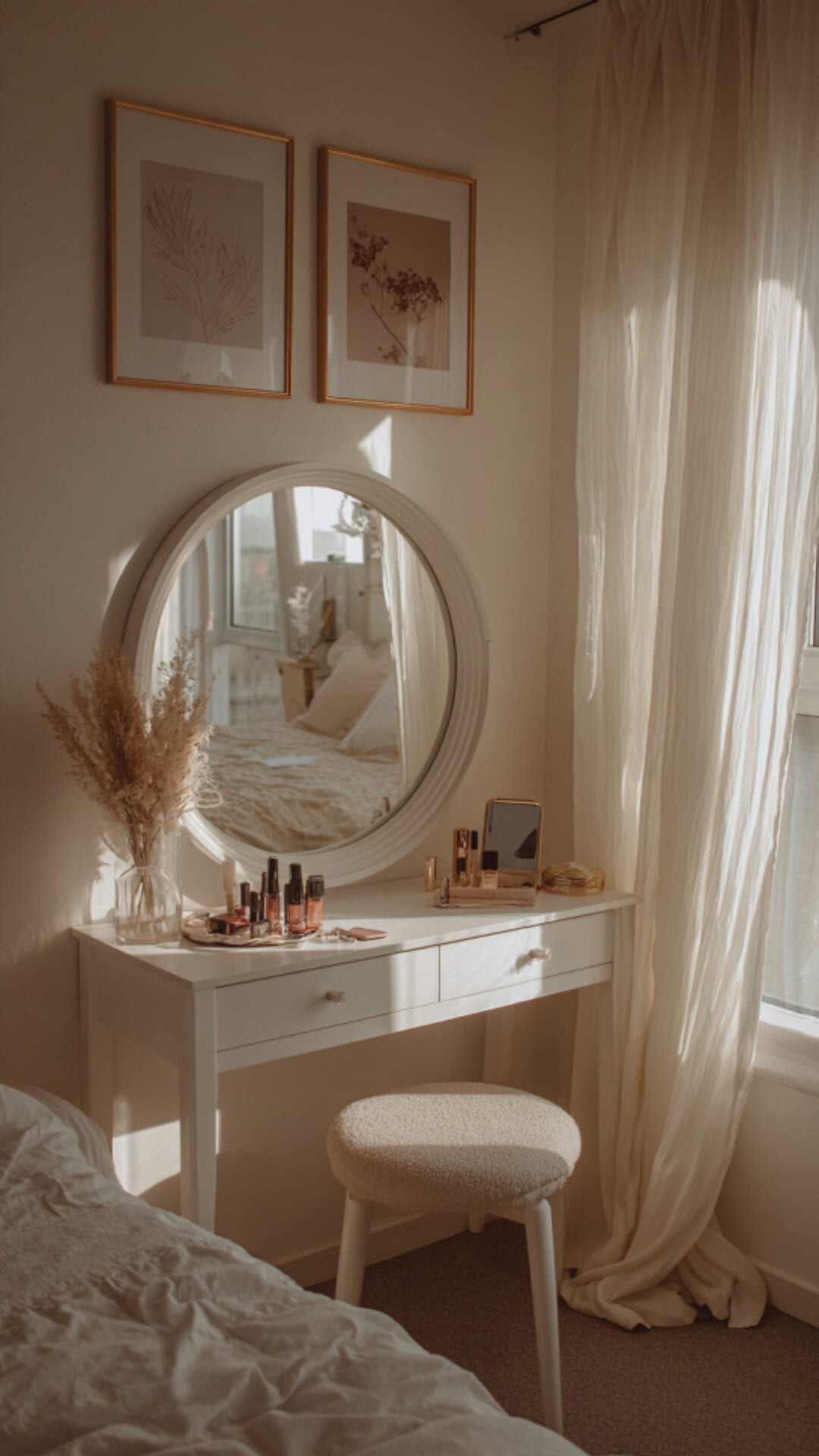 Vanity with Circle Mirror in Serene Bedroom