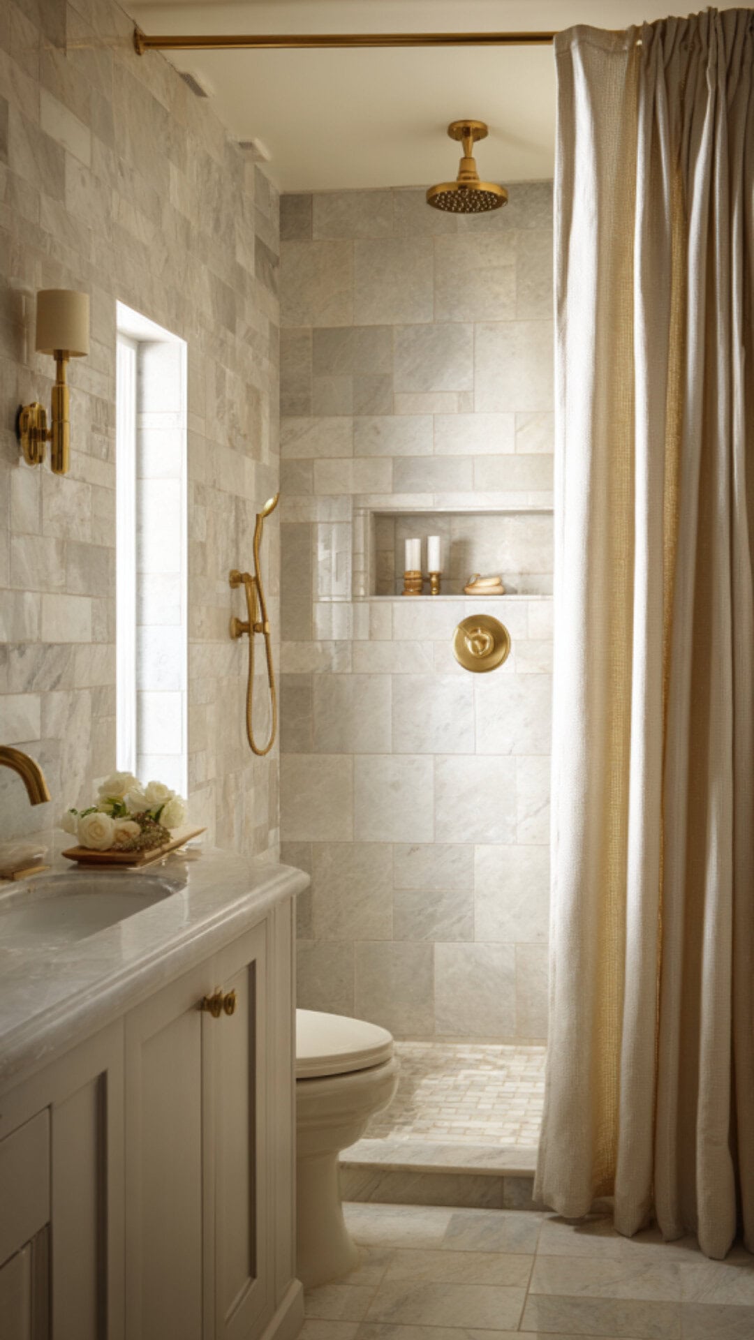 Gold Fixtures in a Farmhouse Bathroom