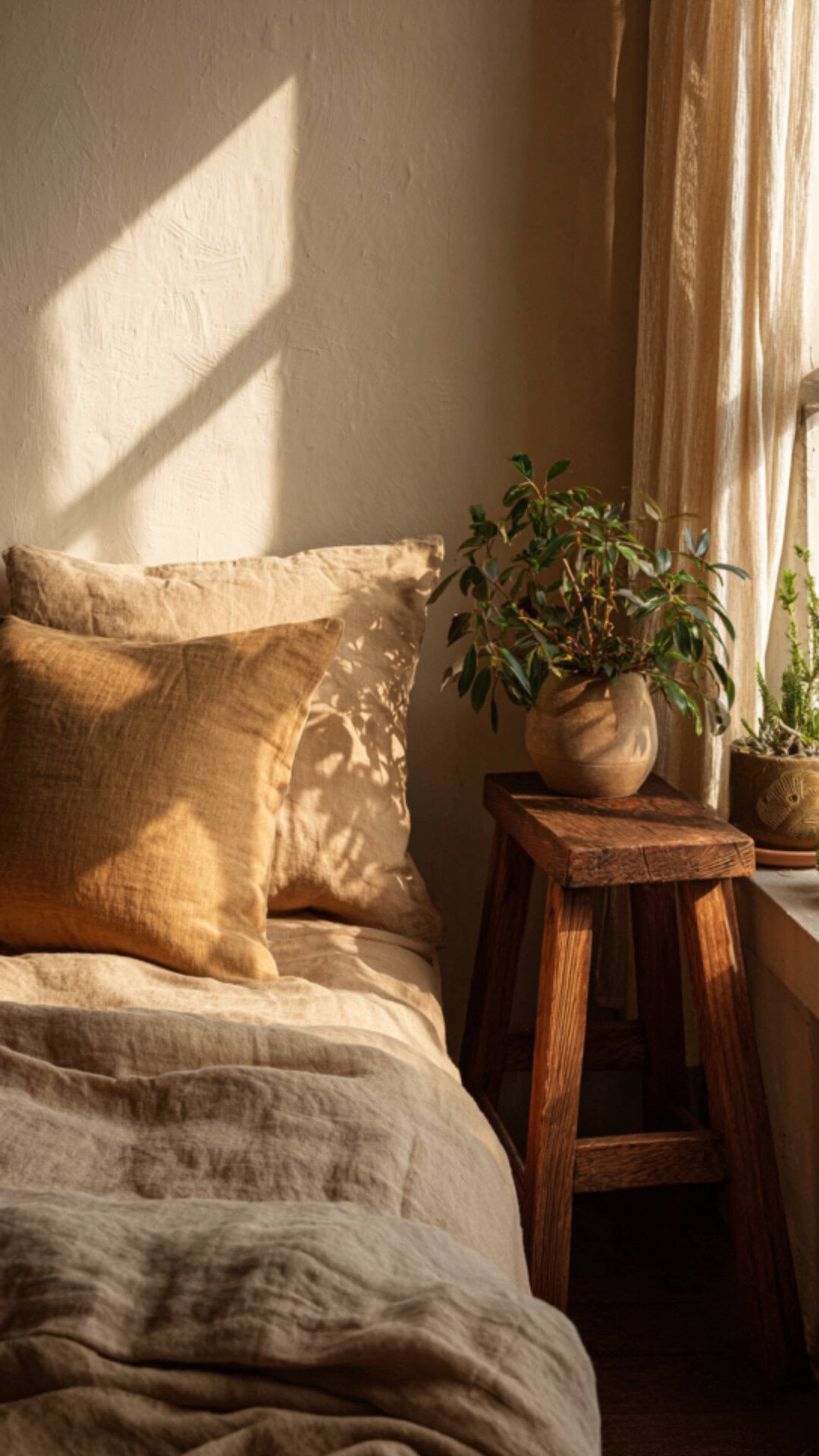 minimalist bedroom in earth tones
